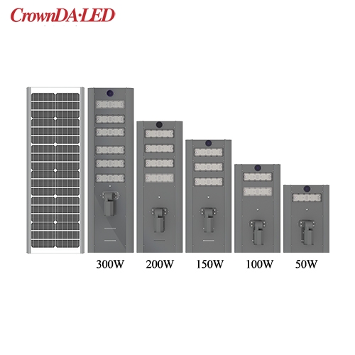 IP65 Impermeable SMD 50W 100W 150W 200W 300W al aire libre Todo en uno Luces de calle solares LED integradas, SMD3030,180lm / w`` 2850K-6800K, Ra> 70